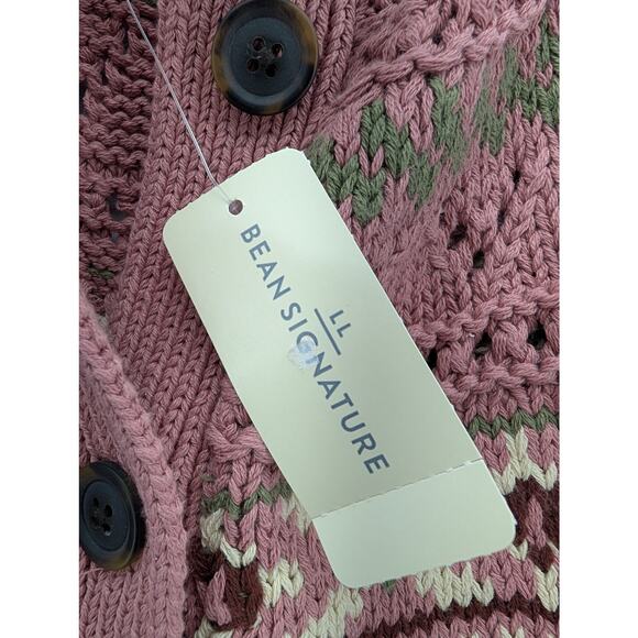 NWT L.L. Bean Signature Cotton Fisherman Short Cardigan Fair Isle Sweater sz LP - Picture 2 of 7